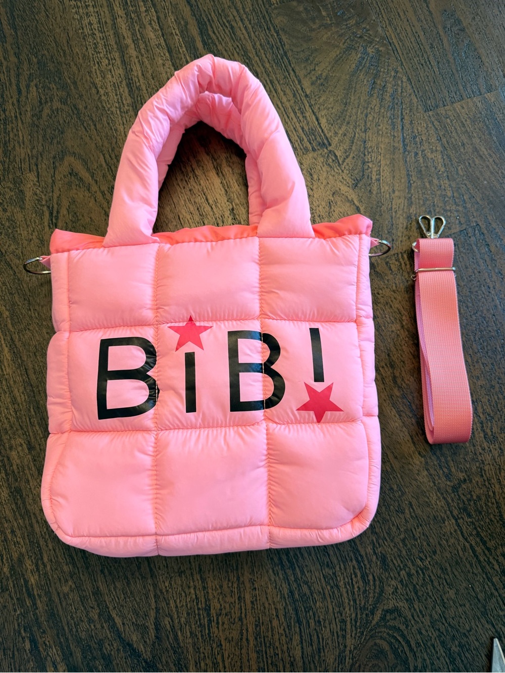 BIBI Bright Pink Puffer Tote Bag with Detachable Strap